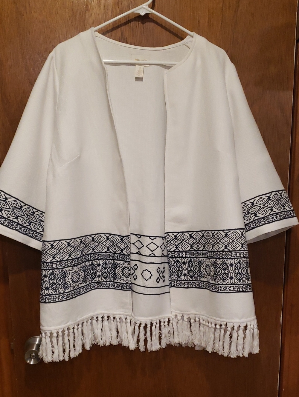 Chico's White Open-Front Fringe Jacket with Navy Geo Trim